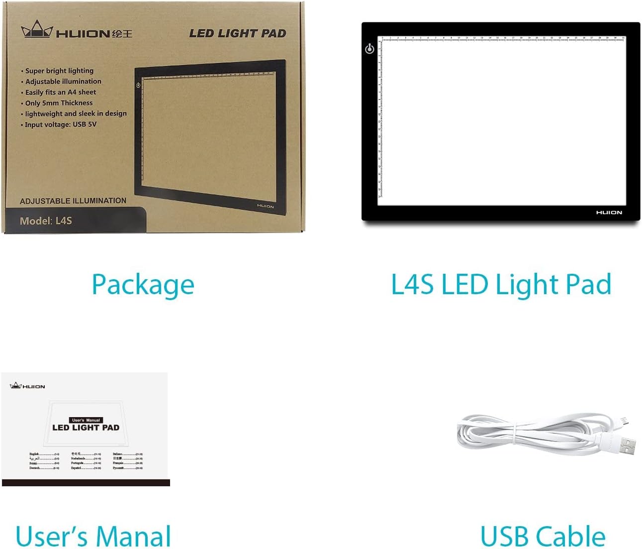 HUION L4S LED Light Box A4 Ultra-Thin USB Powered Adjustable Light Pad for Tracing