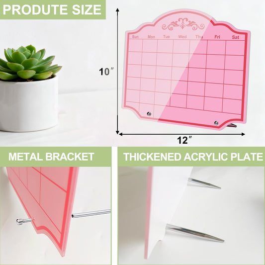 Calendar Dry Erase Board Acrylic Desk Whiteboard Weekly to Do List Memo Note Tabletop Monthly Planner with Stand Desktop Thickened Acrylic Pink 12" x 10" for Home Office School