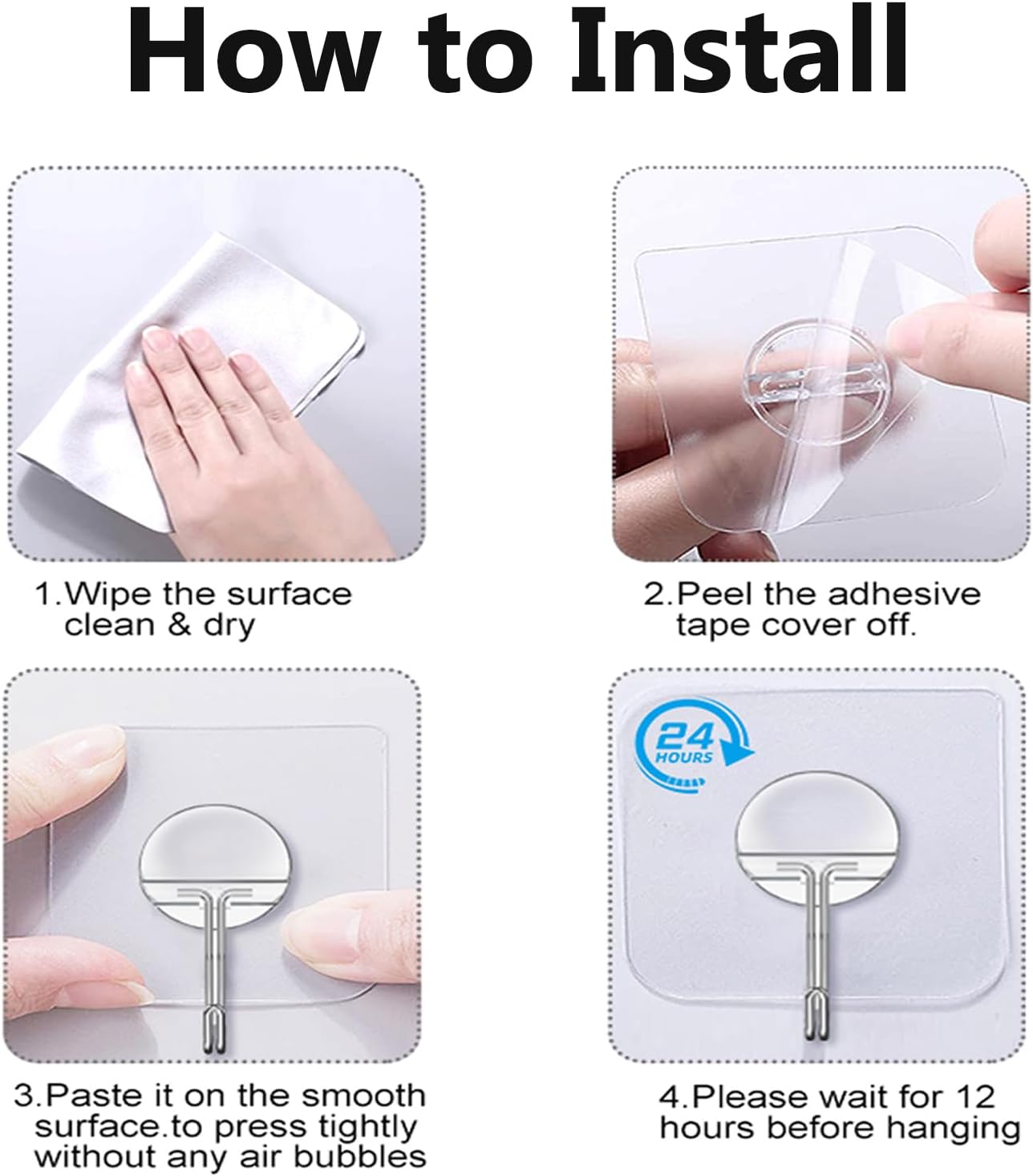 JINSHUNFA Adhesive Wall Hooks 13LB Heavy Duty No Drill Large Transparent Waterproof Hooks for Bathroom Kitchen Towel Coat 8 Pack