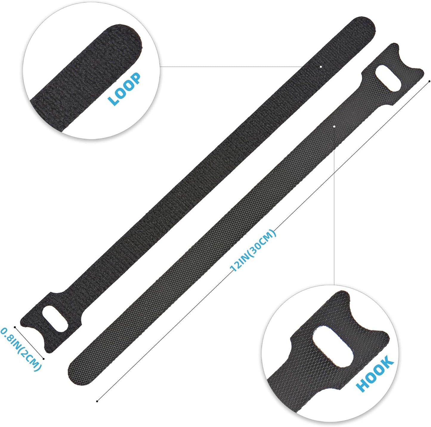12 Inch Black Cable Ties 50 PCS Reusable Fastening Cable Straps Adjustable Hook & Loop Organizer Straps Cords Management for Home, Office and Data Centers