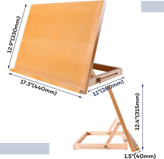 Artkey Beech Wood Tabletop Easel, Adjustable 0-65° Desktop Drawing Board for Painting, Sketching & Drafting, Folds Flat Portable Art Easel with Shoulder Strap, 17.3" x 12.9"