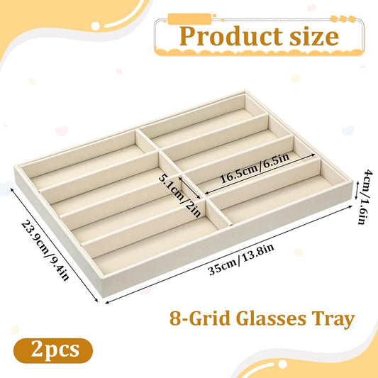 2 Pcs Sunglass Organizer Trays, Velvet Stackable Jewelry Trays Large Eyeglasses Display Jewelry Display Tray Sunglasses Storage Organizer for Men Women Glasses Watch Organizers(Beige)