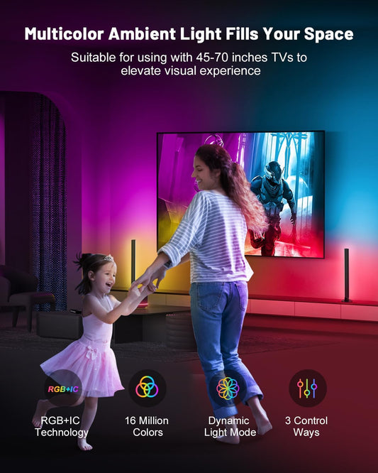 Smart RGB+IC LED Light Bars, 15 Inch Gaming Lights for TV Backlight, Color Changing Lights with Music Sync, 16 Million Colors, Works with Alexa & Google Assistant, 44 Dynamic Modes for TV Monitor Room