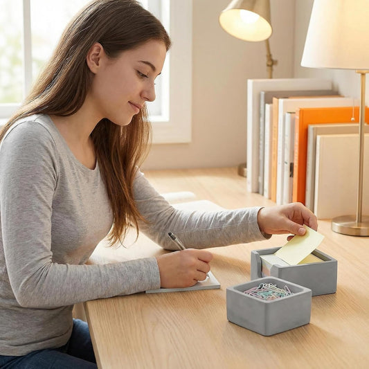 Concrete Desk Organizer Set of 2 - Minimalist Sticky Note Holder & Paper Clip Dispenser - Heavy Duty Office Desk Accessories with Non-Slip Base for Home Workspace Organizer & Desk Decor, White