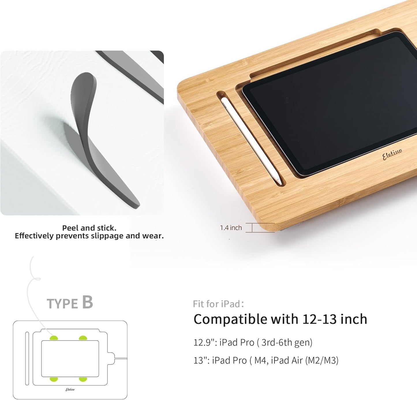 ELETIUO Adjustable Tablet Stand with Pencil&Charger Cable Slot,Bamboo Wooden Stand with Multiple Angles,Organizer Desktop Holder for Drawing,Compatible with ipads(Support to 9.7-11" Devices)
