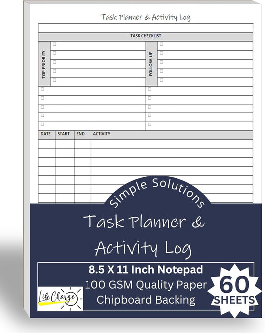 Task Planner & Activity Log Notepad – 60 Page Undated Daily & Hourly Planning Pad, To-Do List, Checklist, Track Time & Tasks, ADHD Tracker – Organize Workday, Boost Productivity – 8.5 x 11 Tear Sheets Life Charge