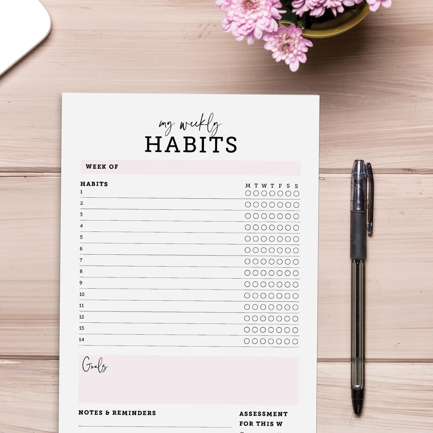 CARDAMONOLY Habit Tracker Notepad in Black and Light Pink- 50 Page Tear Off Planning Pad - 6 x 9 - High Performance Planner - Chore Chart for Adults - Weekly Planner Undated - Self Care Planner