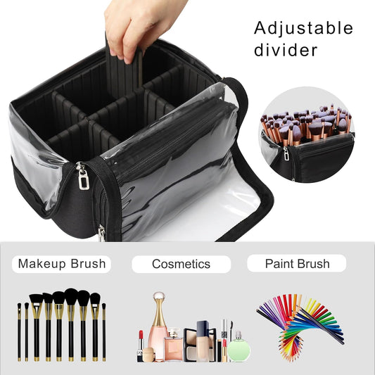 Makeup Brush Bag, Makeup Brush Holder Travel Stand-up Makeup Cup Large Makeup Brush Organizer Case Professional Cosmetic Bag Artist Storage Bag with Adjustable Divider (Large, Black)