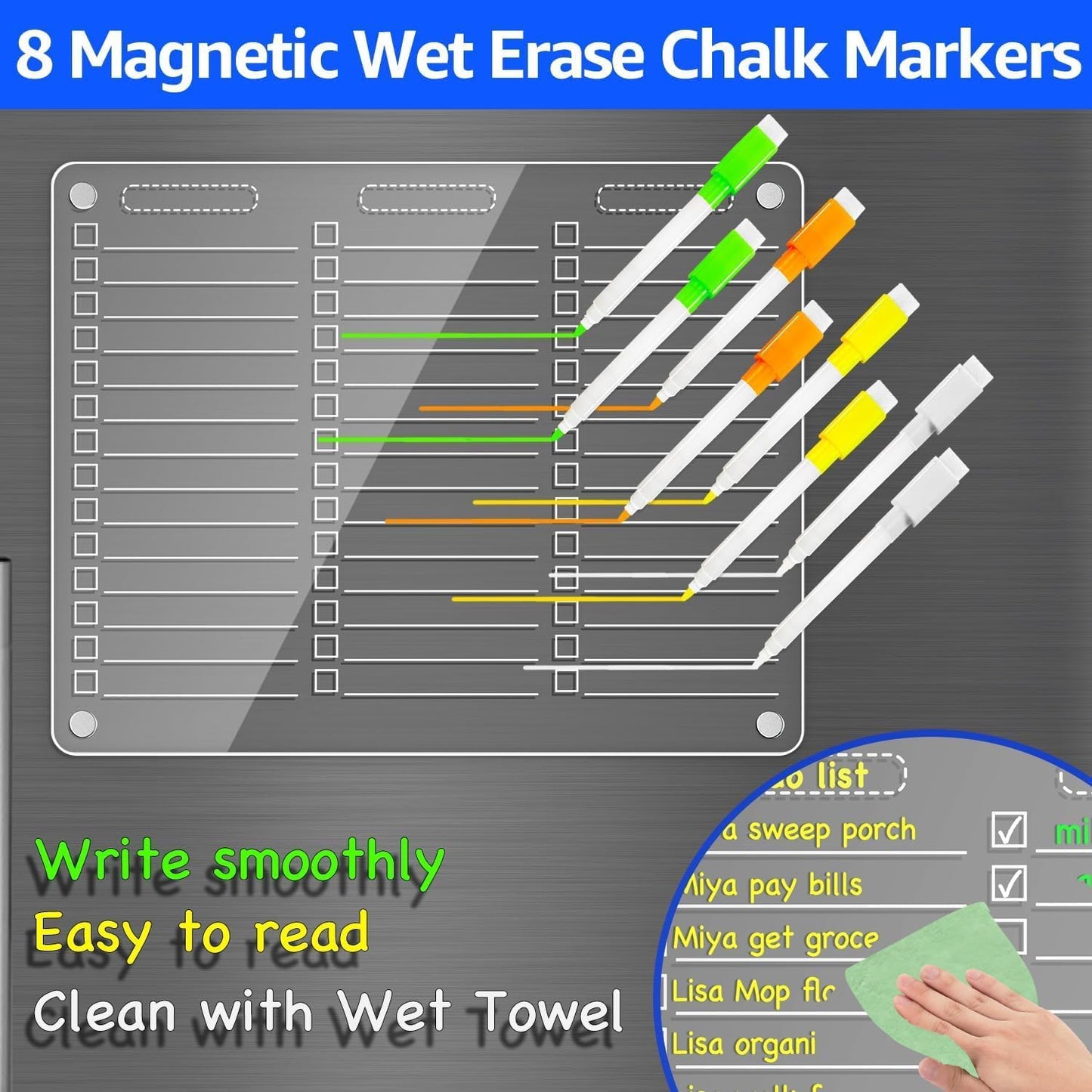 PigPotParty Acrylic Magnetic to Do List Whiteboard for Refrigerator, 12x9.5 Inch Clear Dry Erase Checklist Board, 3-Column Fridge List with Pre-Installed Embedded Magnet, 8 Markers and 1 Towel