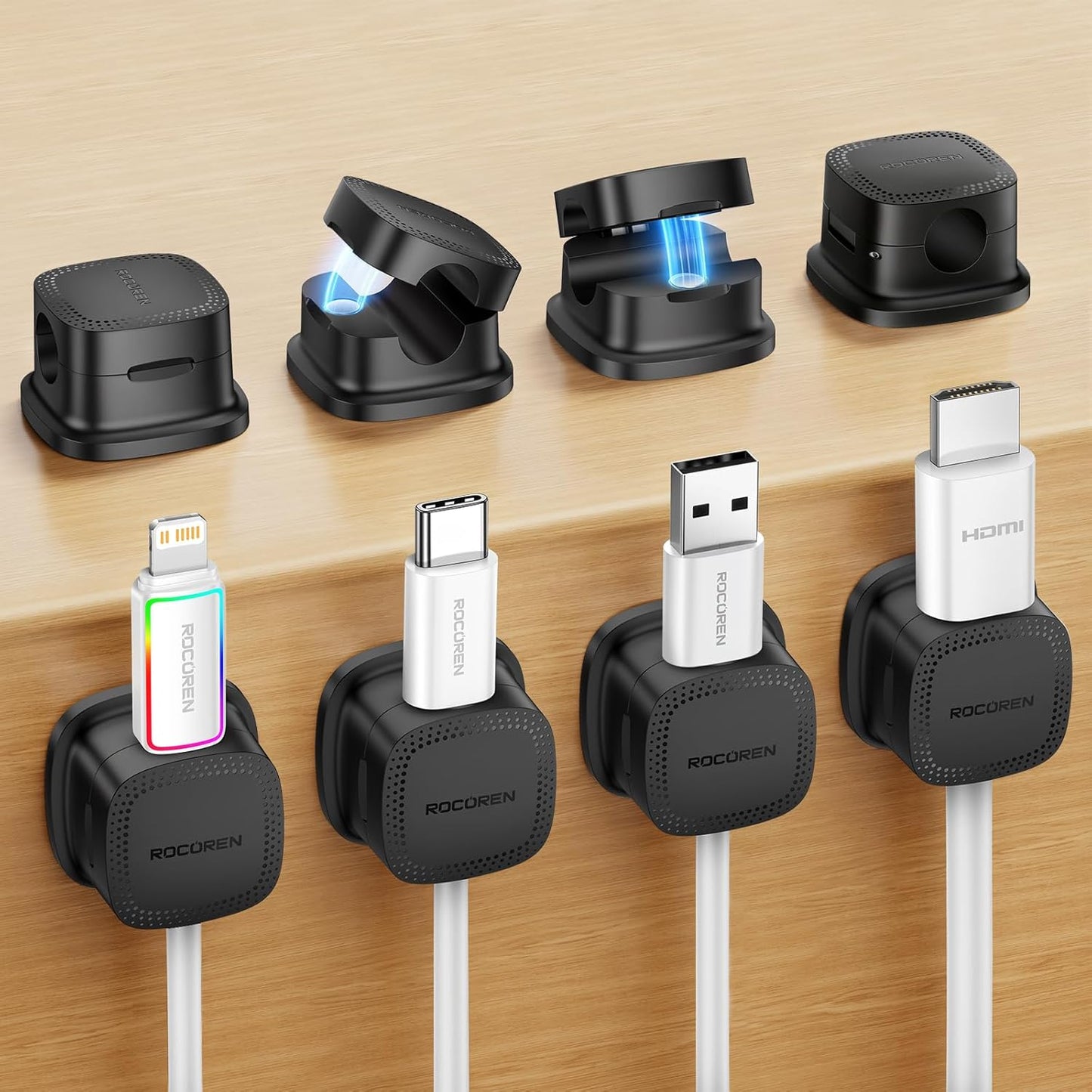 6-Pack Magnetic Cable Clips, Rocoren Smooth Adjustable Adhesive Cord Organizer, Desk Cable Management Wire Holder Keeper Cables Staples for Nightstand Home Office Desk Car Phone Wall Desktop