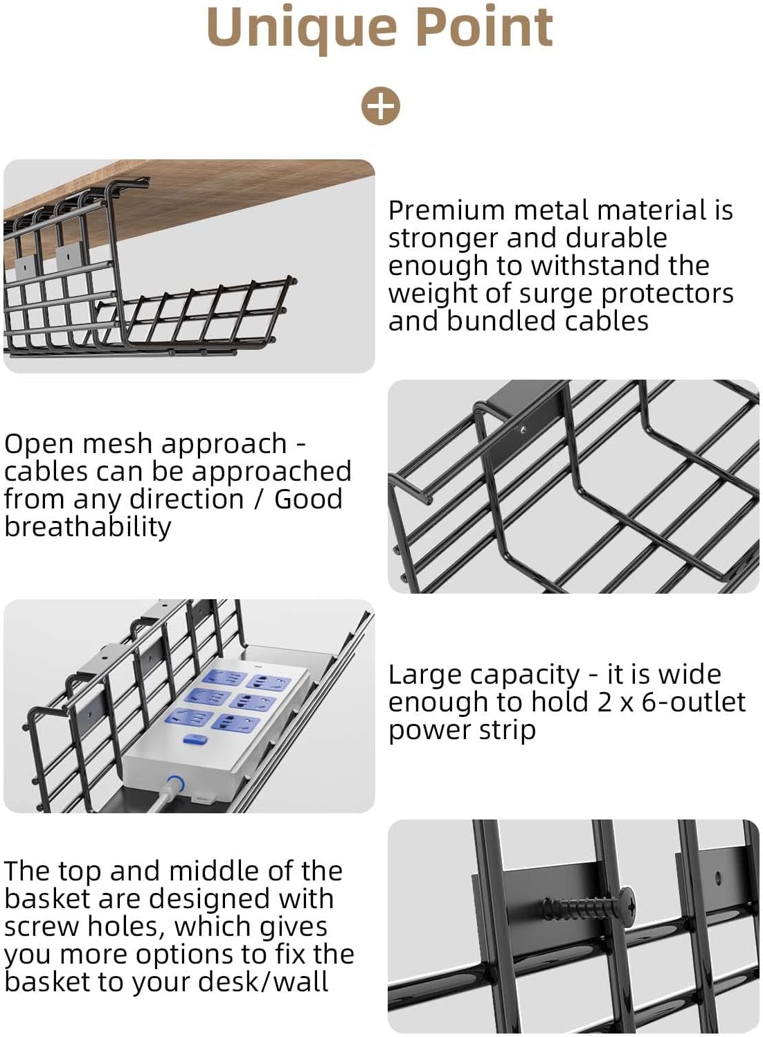 2 Pack DELAMU Under Desk Cable Management Tray, Large Metal Cord Organizer, Office & Home Cord Wire Management Under Desk Shelf, Easy Install Pre-drilled Cable Organizer, Black
