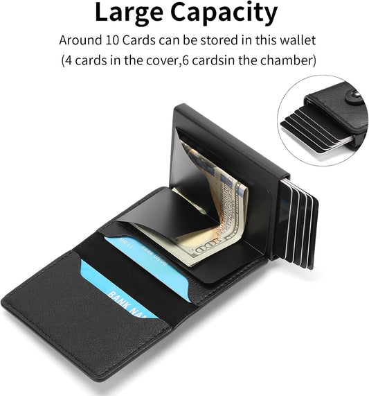 Slim Smart Mens Wallet Card Holder for AirTag Minimalist Leather Front Pocket Wallet RFID Blocking Pop Up Aluminum Case Credit Card Wallet
