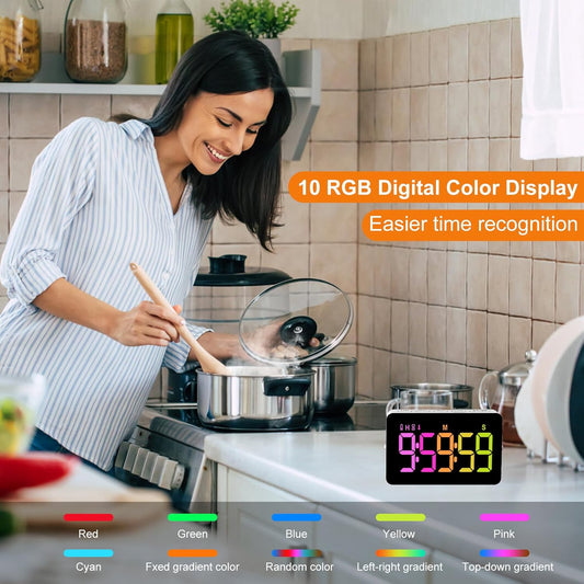 PERSUPER Kitchen Digital Timer, Count Down Up, Rechargeable, Vibration Mode Adjustable Volume and Brightness LED Display, Time Management Cook, Desk, Kids Adults Study Teaching, Kitchen Gadgets RGB