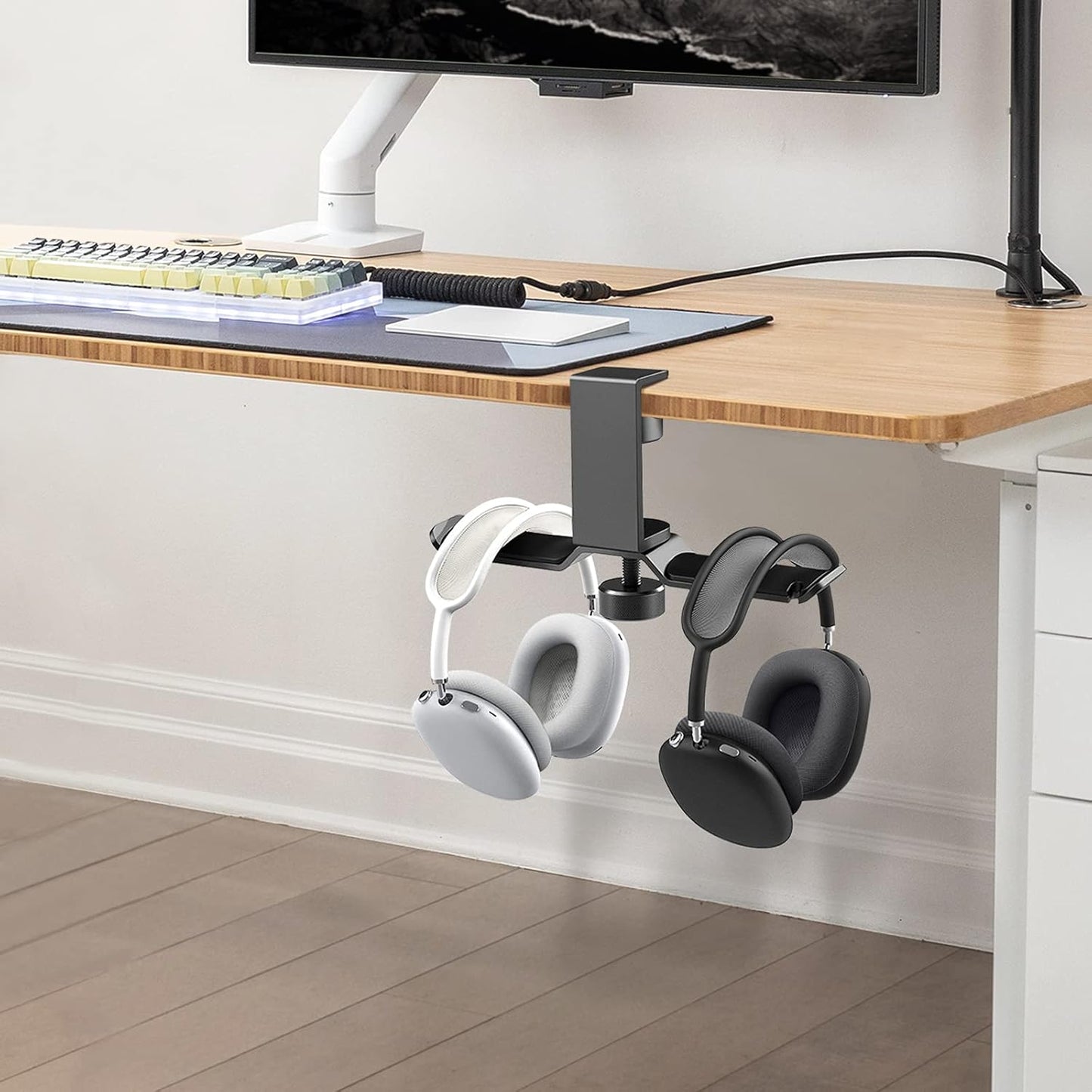 Dual Headphone Stand Hanger Under Desk, 360 Degree Rotating Aluminum Gaming Headset Holder with Adjustable Clamp, Universal Metal Earphone Hook Mount for All Headsets, Black