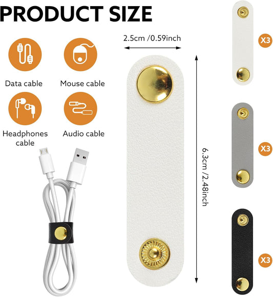10 Pcs Cord Organizer, Portable Leather Cable Cord Stocking Stuffers for Men USB Straps Earphone Winder with Leather Handmade (Brown/white)