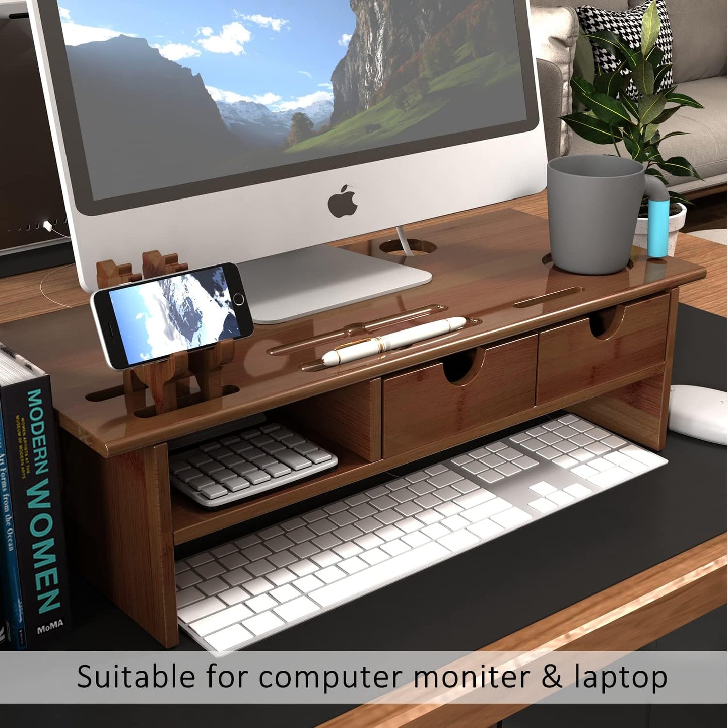 Sundale Outdoor WAYTRIM Bamboo Wood Monitor Stand Ergonomic Computer Riser with Storage Organizer Drawers Desktop Laptop Shelf Risers Cellphone Stand for Home and Office Use, Classic Antique Brown