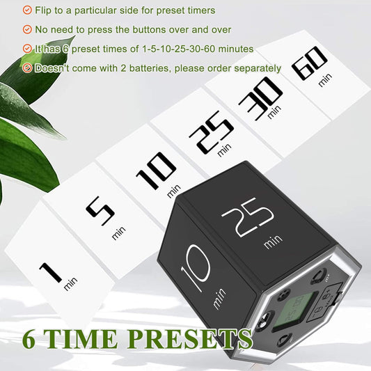 Hexagon Flip Timer, Kitchen Timer for Cooking, Various Time Presets, LCD Digital Display, Magnetic Suction, Mute Alarm Modes, Practical Gift Ideal for Study, Office, Gym, Kitchen, etc. (Black)