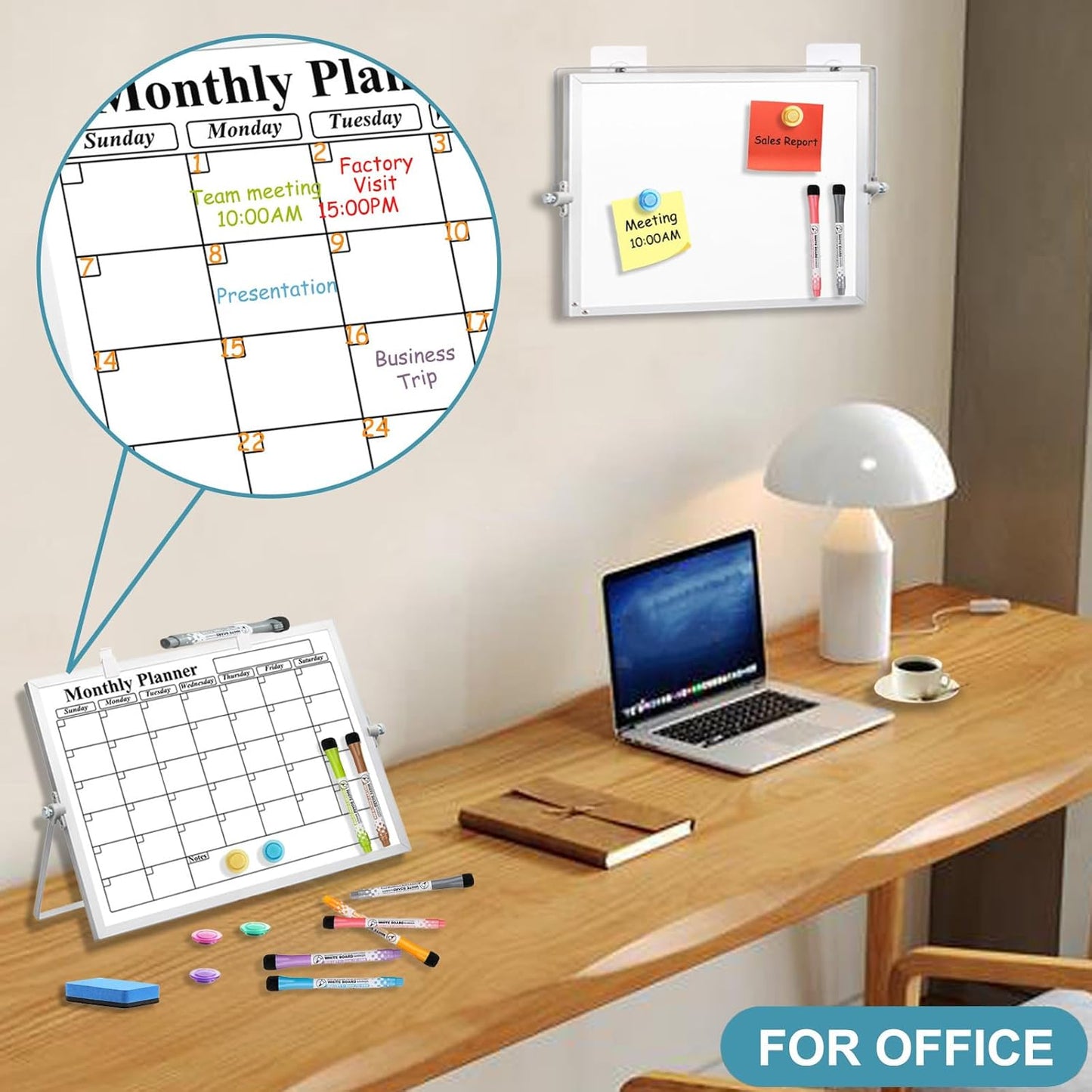 Magnetic Dry Erase White Board with Stand, 10" x 10" Double-Sided Desktop Whiteboard, Mini Portable Weekly Calendar Planner Board Set with 6 Markers, 4 Magnets, 1 Marker Holder & 1 Eraser