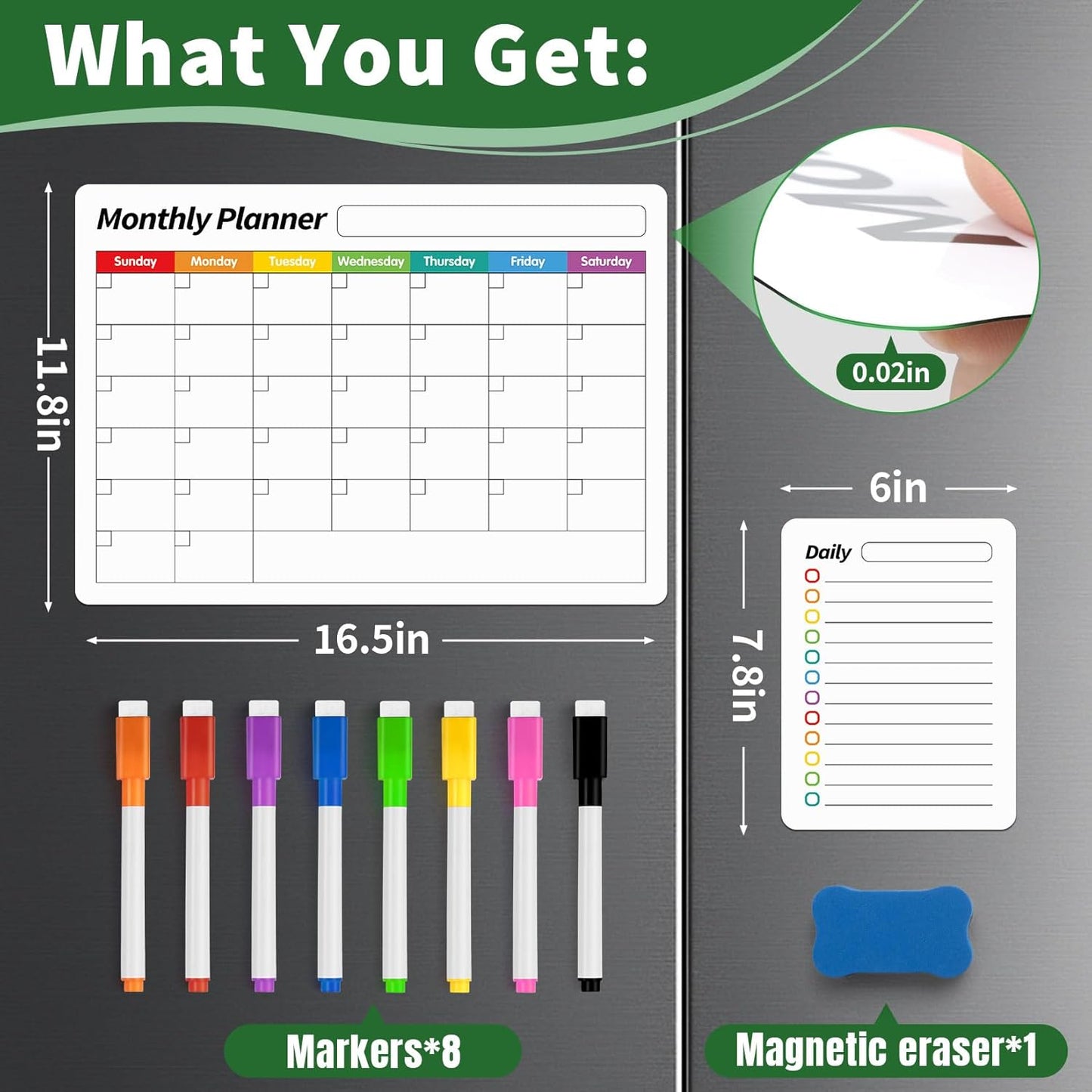 FINDMAG 4 Pack Magnetic Dry Erase Board Set, 16.5"x11.8" Magnetic Calendar for Refrigerator, Fridge Calendar Magnet, Black Weekly Planner Whiteboard for Fridge, Easy to Use with 8 Markers & Eraser