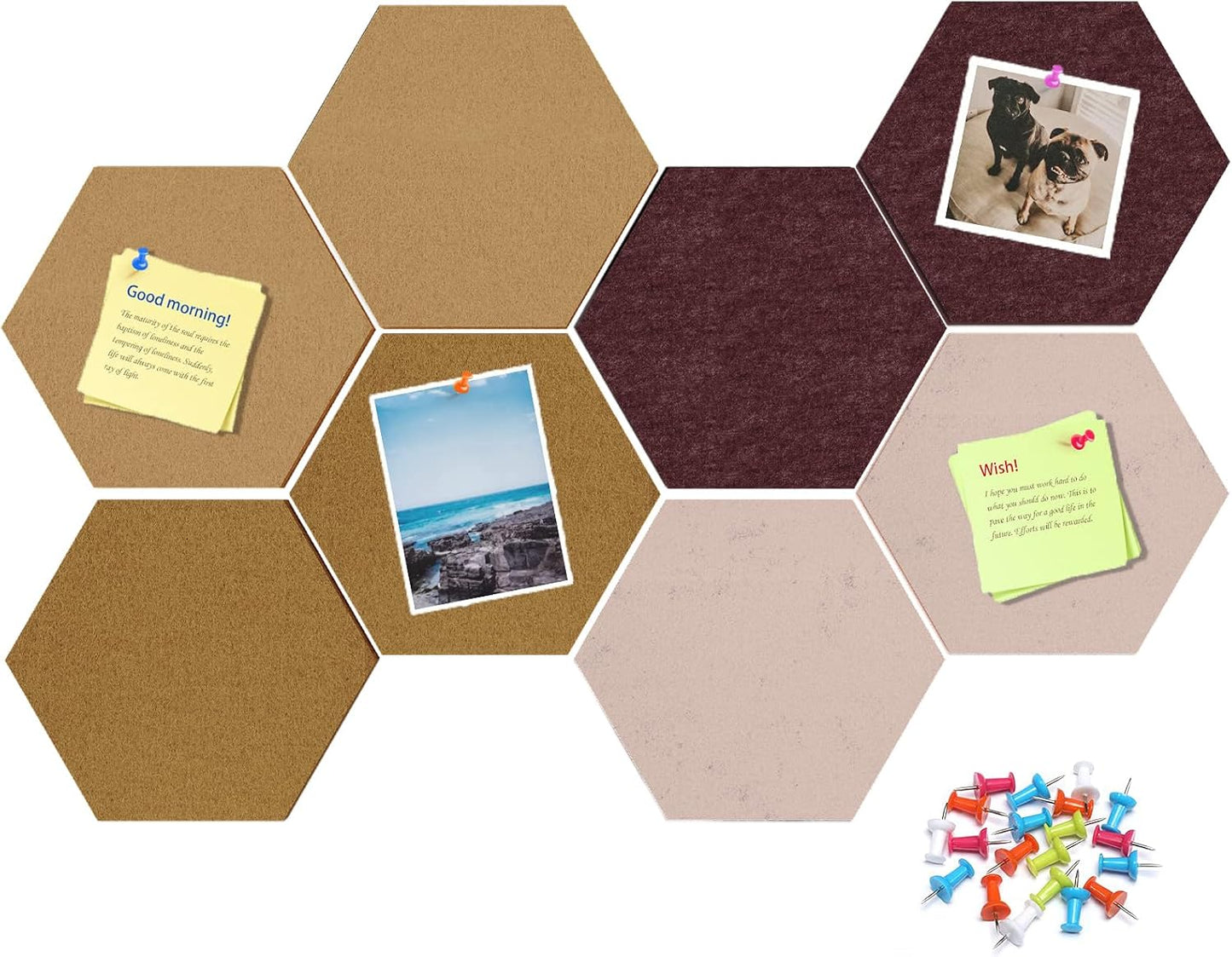 8 Pack Hexagon Felt Bulletin Board Tiles - 12" Large Thick Pin Board for Walls with 30 Push Pins, DIY Boards for Office Home School Decor, Aesthetic Hex Cork Board Alternative