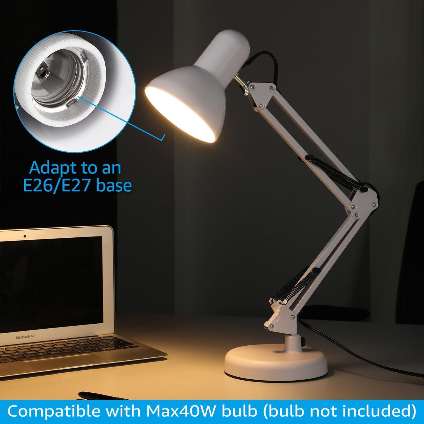 TORCHSTAR Metal Desk Lamp with Clamp, Swing Arm, Architect Adjustable Gooseneck Table Lamp, Clip Desk Lights for Home Office, Work, Study, Reading, E26 Base, Multi-Joint, Black