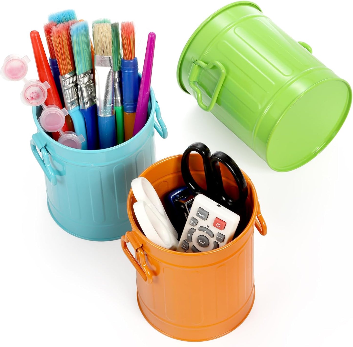 Noamus 9 Pack Metal Pen Holder, Mini Pencil Bucket with Handle, Desktop Pencil Cup Makeup Brush Organizer, Desk Colorful Small Pails, Stationary Supplies Container for Office Classroom School Crafts