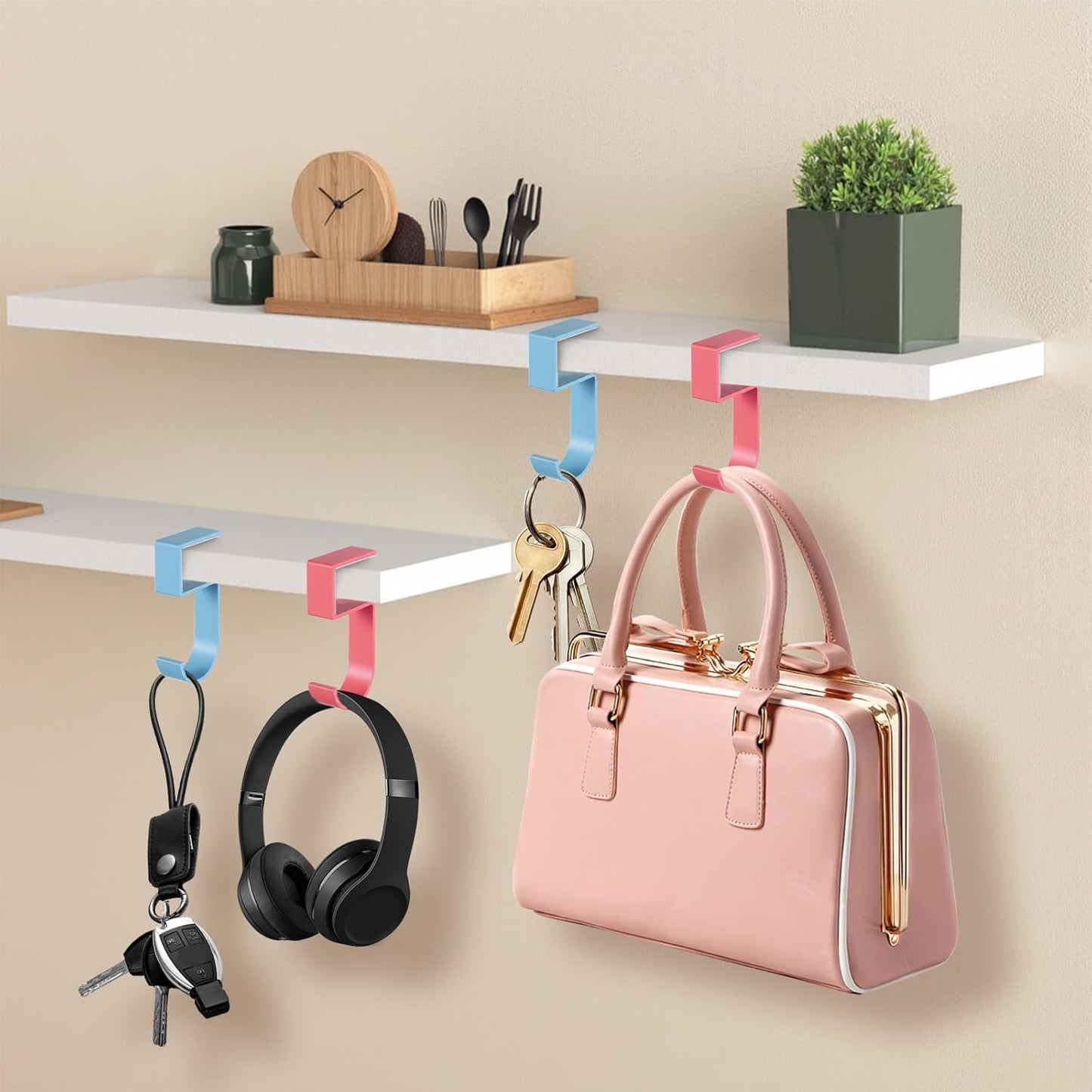 Ymapinc Nail-Free Purse Hanger, 2Pcs Heavy Duty Portable Purse Hook for Table, 5-Shaped Aluminum Alloy Bag Holder for Hanging Bags/Keys/Headphones (Pink/Blue)