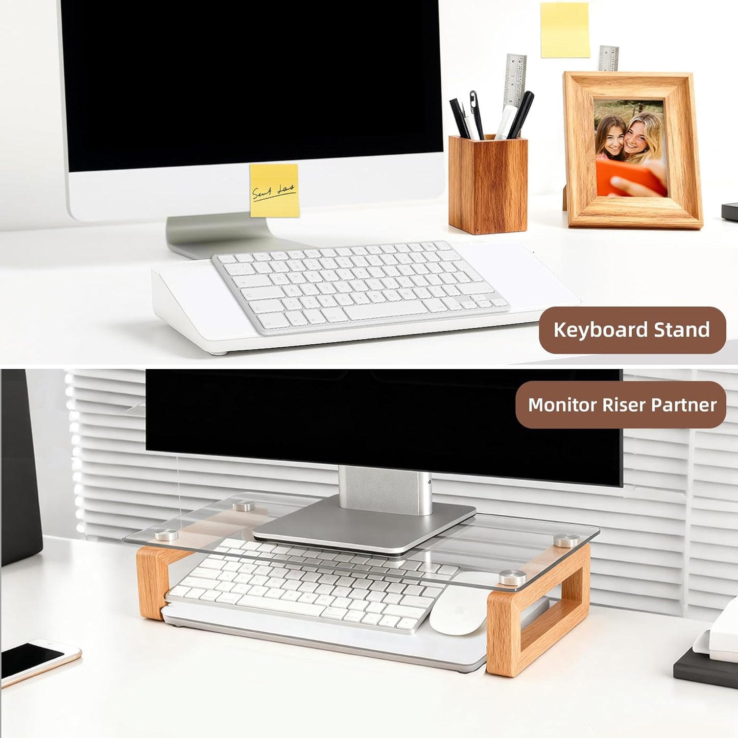 VUSIGN Small Dry Erase Board with Storage, 6.8" x 15.8" Glass Desk Whiteboard, Desk Board with Computer Keyboard Stand & Built-in Drawer, Includes 4 Markers, 1 Eraser for Office, Home, School