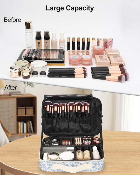 Relavel Makeup Case Large Makeup Bag Professional Train Case 16.5 inches Travel Cosmetic Organizer Brush Holder Waterproof Makeup Artist Storage Box, 3 Layer Large Capacity, with Adjustable Strap