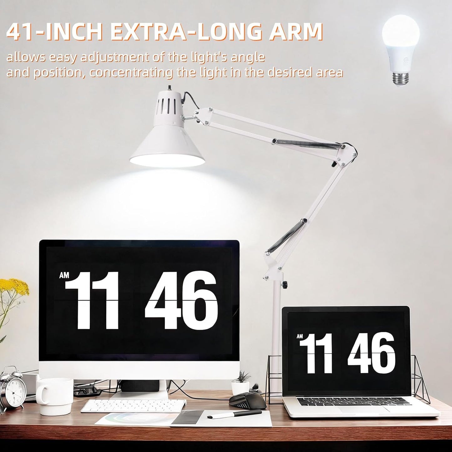 Desk Lamp With Clamp for Home Office, Eye-Caring Clip on Light with Adjustable Extra Tall Metal Swing Arm, High Intensity Clamp Lamp w/LED Bulb, Architect Task Table Lamps for Study, Workbench-B/5000k