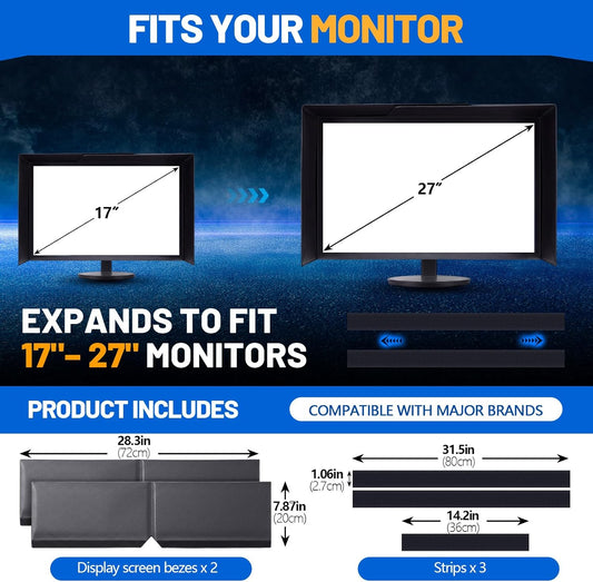 Adjustable Monitor Hood Sunshade, 17–27 Inch, Black PVC Screen Protector, Anti-Glare Shade, Expandable Light Blocker for Multiple Monitor Sizes, No-Tool Setup, Reduces Eye Strain