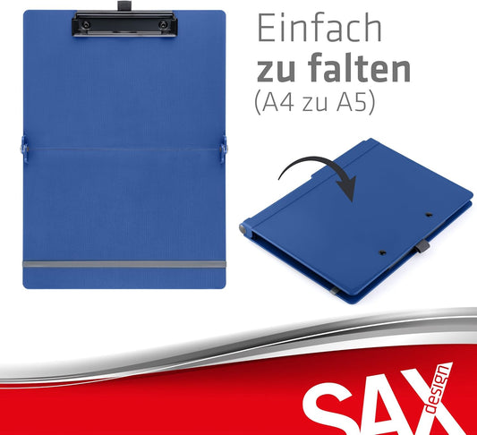 Sax Folding Clipboard Blueberry Clipboard A4 to A5 Portrait and Landscape Format Ideal for Travel and Business Holds 30 Sheets Includes Elastic Closure Band and Pen Loop Durable & Shockproof