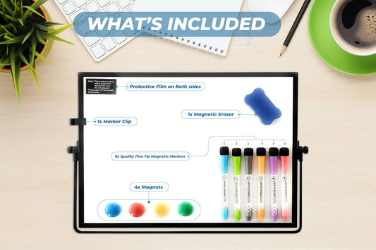 Desktop Dry Erase Board - 16in x12in Double Sided Stylish Black Frame Magnetic Desktop Whiteboard with Stand Comes with 6 Magnetic Markers, 4 Magnets, 1 Eraser, 1 Pen Clip