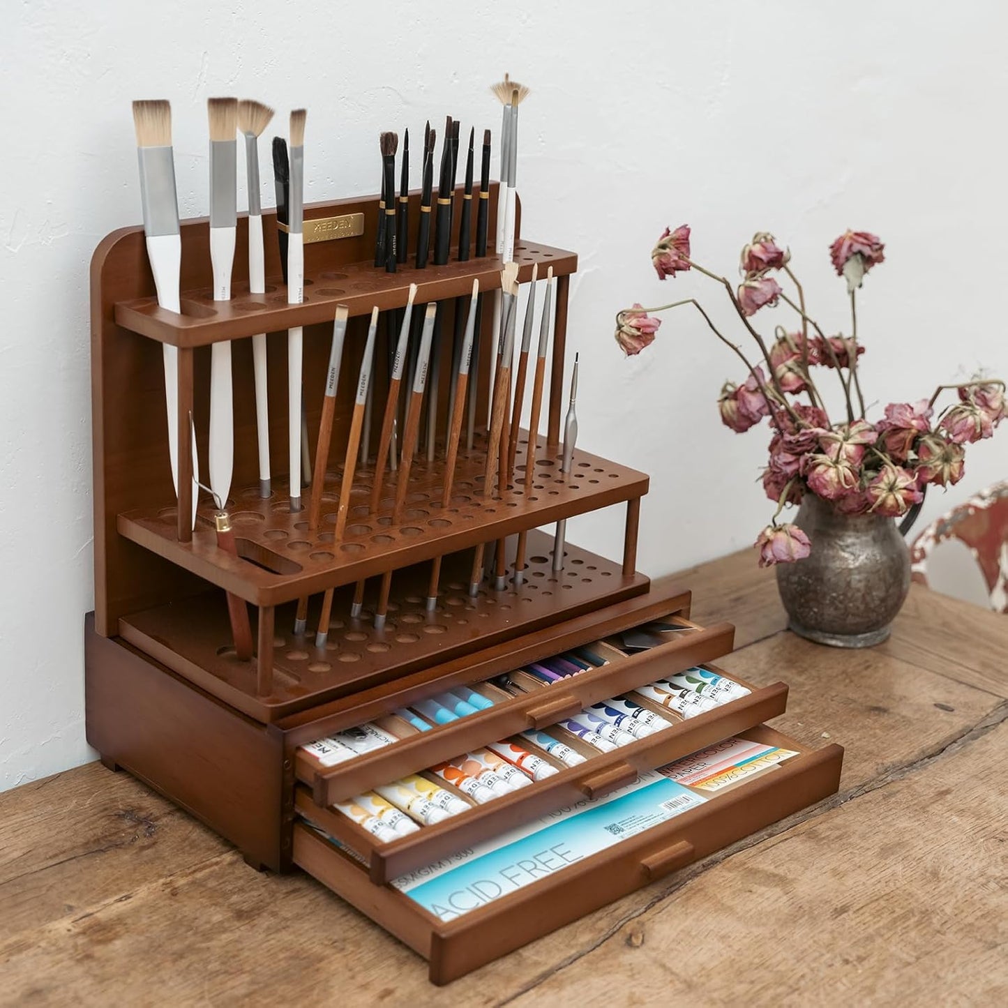 MEEDEN PRO Paint Brush Holder - Wooden Paints Brush Organizer - Paint Brushes Holder for Artist - Art Supply Storage for Desk, Arts and Crafts