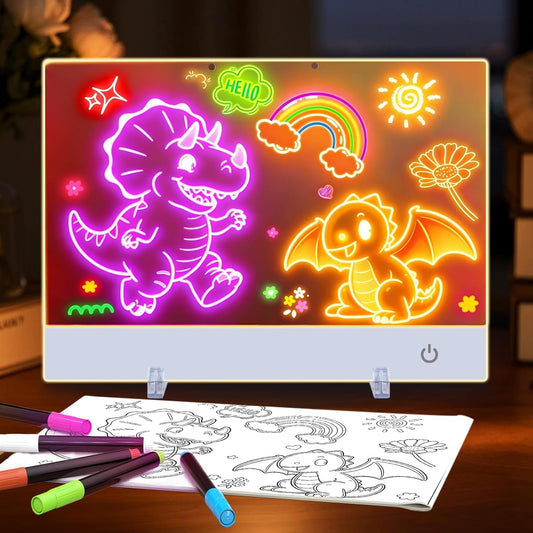 LED Drawing Board for Kids 16-Inch Rechargeable, 9-Color Light Modes, Neon Art Dry Erase Light Up Doodle Glow Pad with Stand, Sketching Birthday Gift Toy for Kids/Girls/Teens, 7 Markers Tracing Book