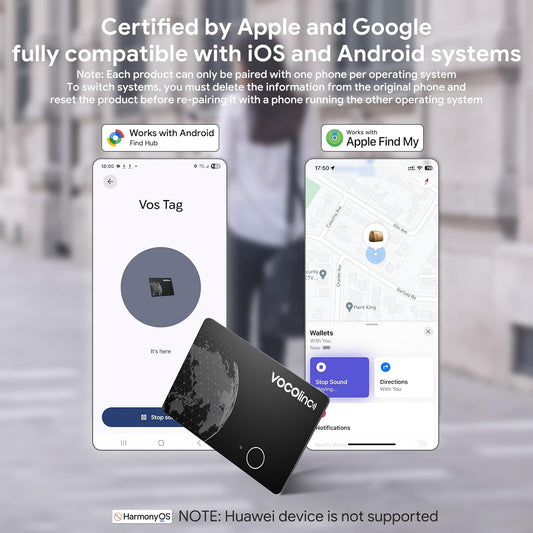 VOCOlinc Air Tag Smart Card for Android & iOS, New Dual System Rechargeable Wallet Tracker Work with Google Find Hub or Apple Find My APP, Item Finder Locator for Luggage, Suitcase. Slim 1.6mm, 2 Pack