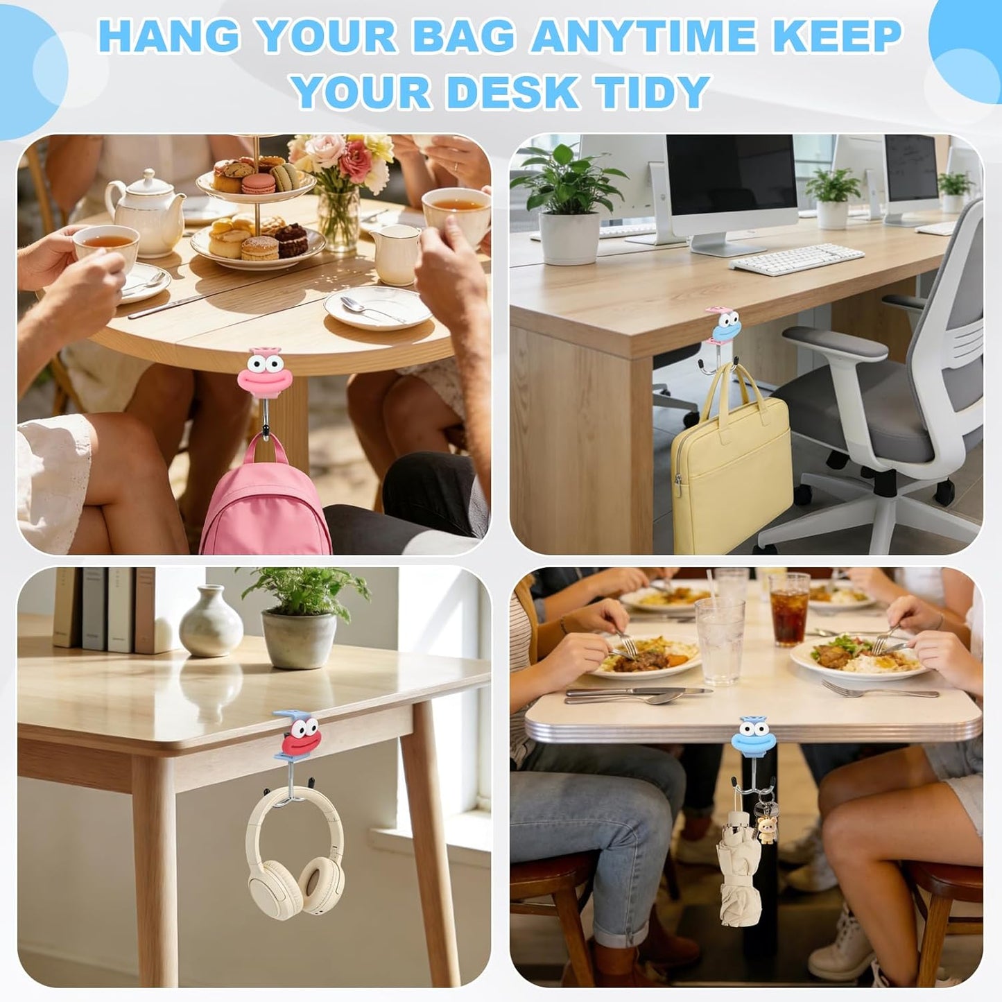 AULEEP 2 Pack Clamp-On Under Desk Bag Hook, Adjustable Purse Holder for Table with Cute DIY Stickers, 100 lbs Capacity Heavy-Duty Desk Organizer Hooks for Handbag, Backpack, Headphone, Black