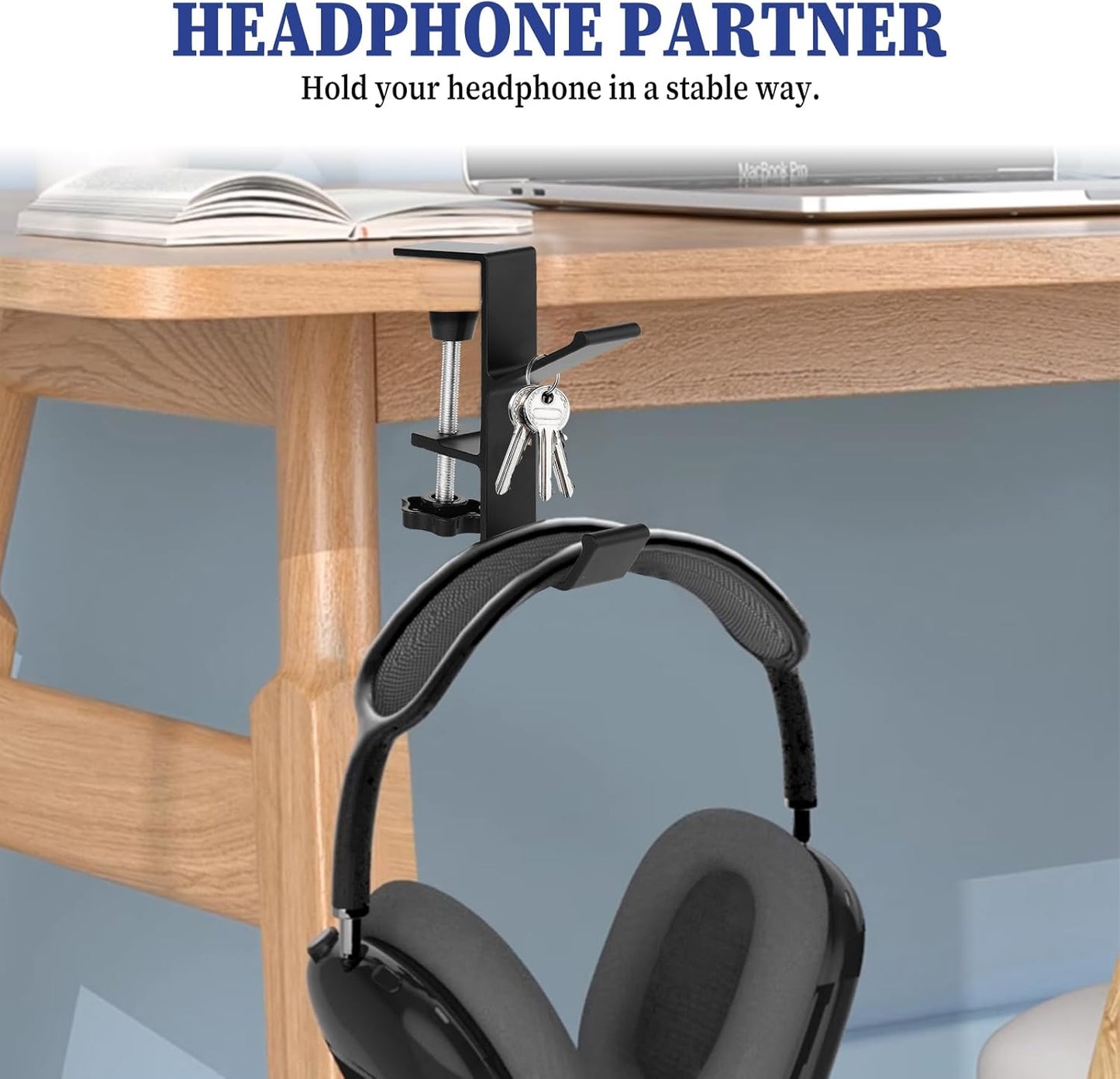 Jeffdad Metal Headphone Hook, Headphone Hanger with Double Hooks, Universal Aluminum Alloy Gaming Headphone Stand Under Desk, Non-Slip Adjustable Desk Headphone Hanger Hook
