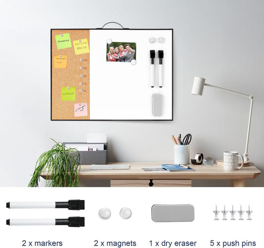 TSJ OFFICE Small Whiteboard Cork-Board - 16" X 12" Portable Aluminum Black Framed Magnetic Dry Erase Board, Small Bulletin Cork Board with Holder for Office, Home and School