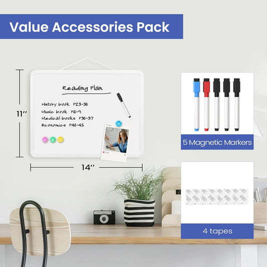 Small Dry Erase Board for Wall, 16" x 12" Double-Sided Hanging Whiteboard, Magnetic White Board with 4 Markers, 4 Magnets and 3 Mini Sticky Notes, Portable Whiteboard for Kids, School, Home, Office
