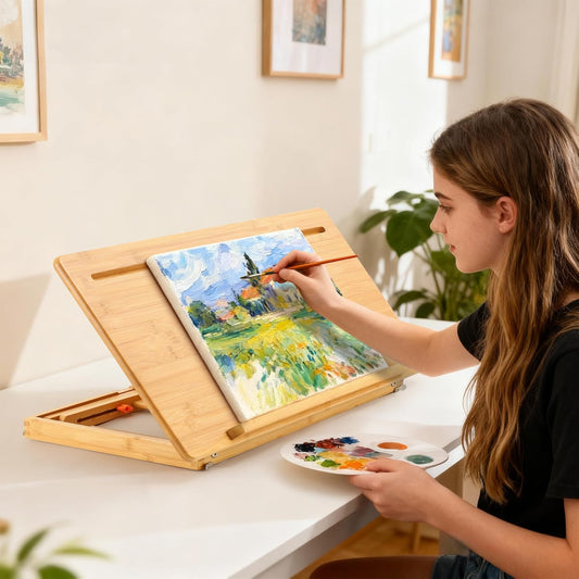 Nnewvante Drawing Table Foldable Drafting Desk with Adjustable Height & Angle Bamboo Drawing Board Easel with Tablet and Phone Slots for Painting, Drafting, Writing, Reading