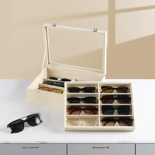 Frebeauty 16 Slots Sunglasses Organizer,2 Layer Velvet Sunglasses Tray with Glass Lid,Multiple Pairs Sunglass Display Case for Man or Woman,13.7 * 10.25 * 4.1 Inches Eyeglass/Eyewear Box (Beige)