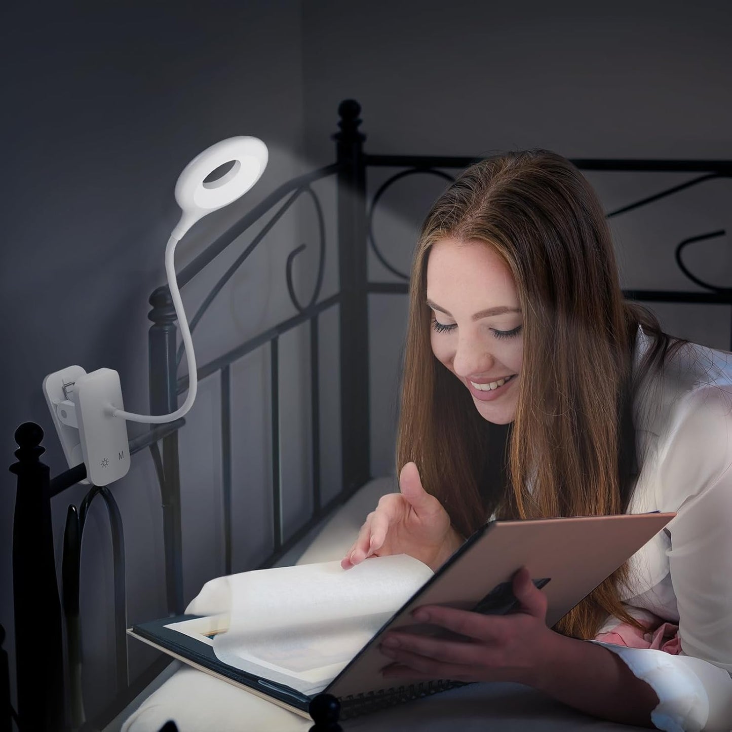 Clip on Light Rechargeable with Large Clamp, Battery Operated Bed Headboard Reading Lamp - 5 Colors 5 Brightness, Flexible Arm Book Light at Night for Kids Desk Bunk Metal Bed Frame (Black)