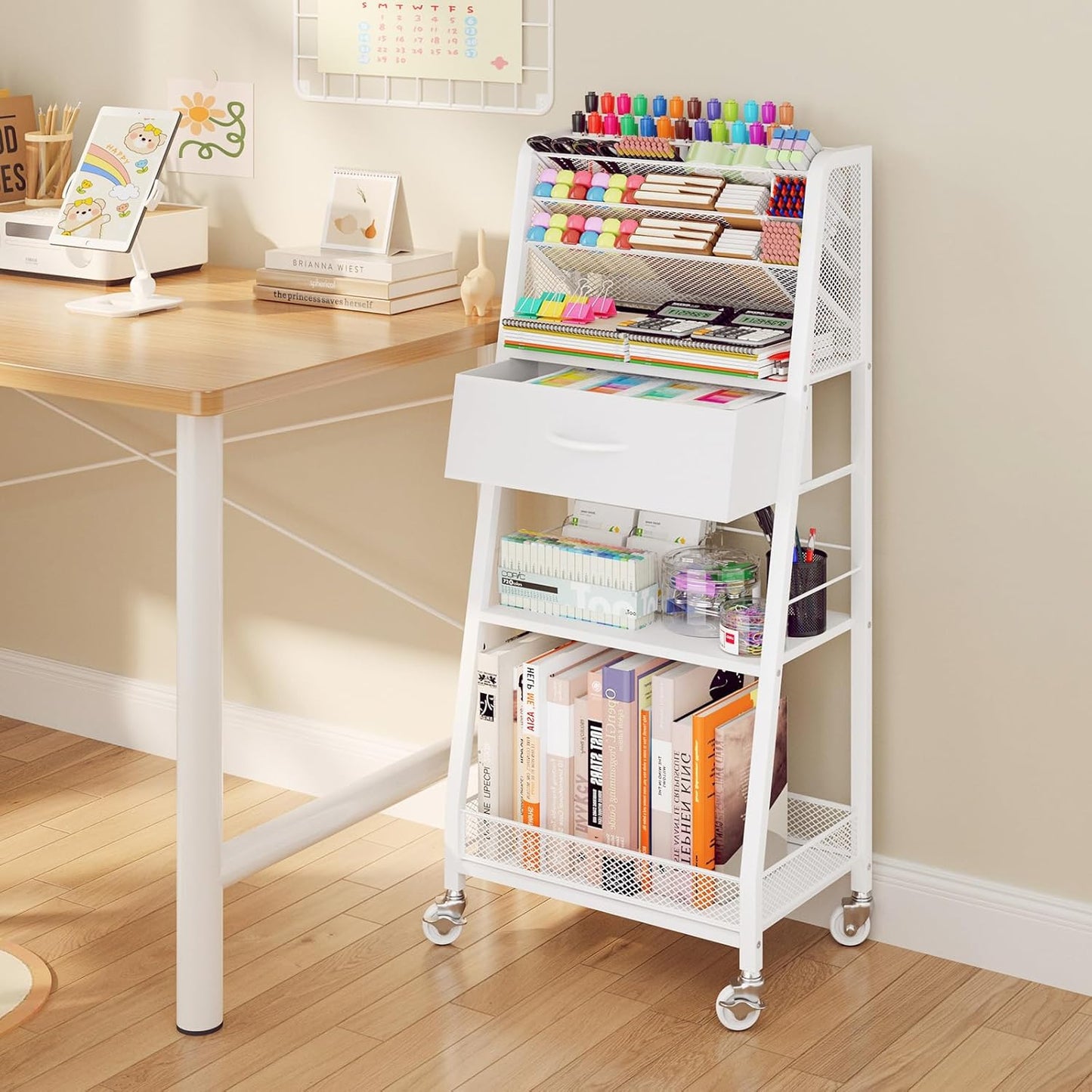 Homsorout 3 Tier Rolling Cart - Metal Utility Cart with Storage Drawer and Wheels, Versatile Art & Craft Organizer for Home, Office, or Studio - Ideal for Storing Brushes, Paints, and Supplies