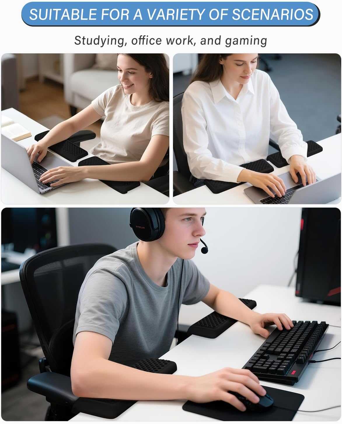 ITNRSIIET 2-Piece L Shaped Split-Design Desk Elbow Pad, Dual-Zone Support, Tri-Zone Relief for Elbow/Forearm/Wrist, Adaptive to All Desk Geometry, Non-Slip Laser-Engraved Base, Timeless Black