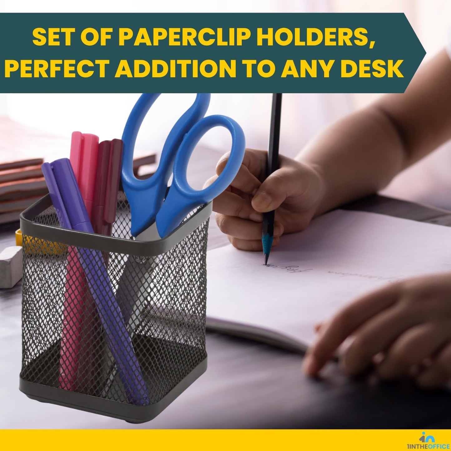 1InTheOffice Pen Cup Holder, Metal Mesh Pencil Cup Holder, Stackable Wire Mesh Regular Pencil Holder, Matte Black 2 Pack