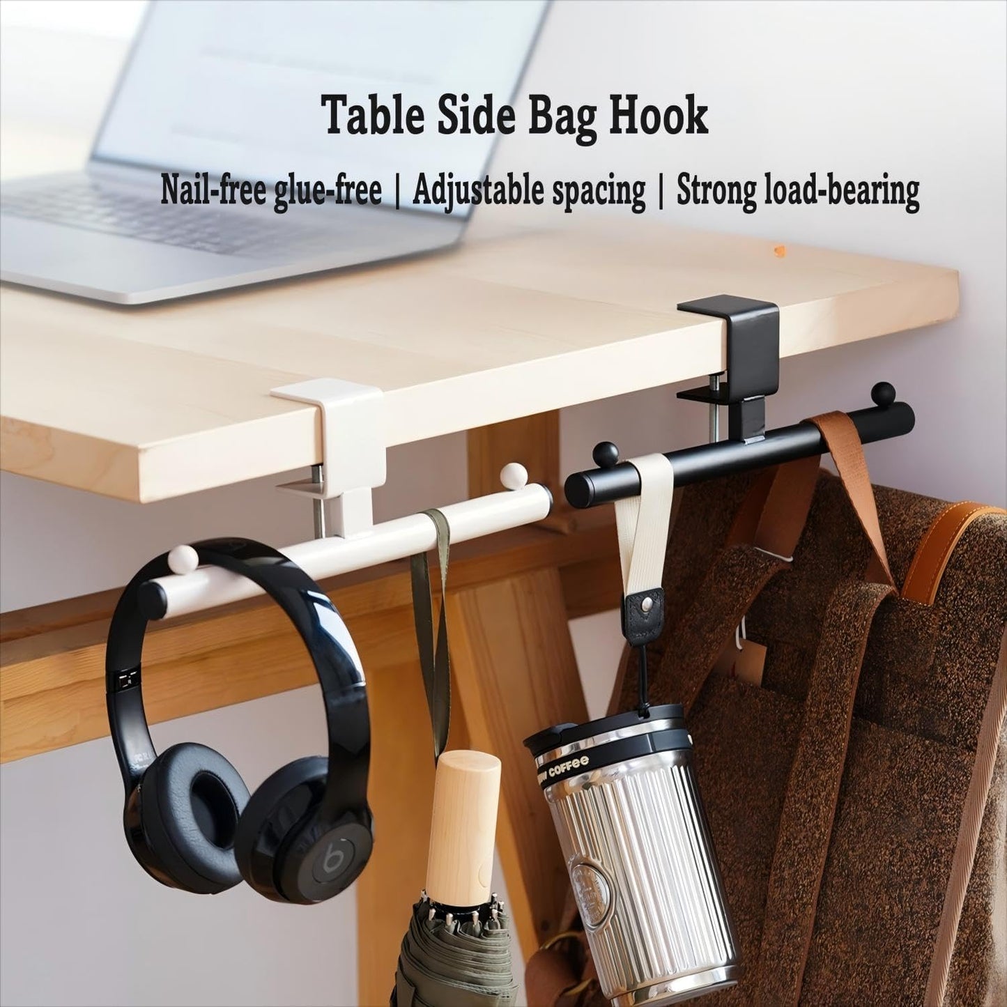 Heavy-Duty Bag Hook for Desk or Table - Alloy 80lbs Capacity Backpack Holder, Purse Hook for Table & Handbag Hanger, Space-Saving Organizer for Classroom, Dorm, Office Desk Accessories (White)