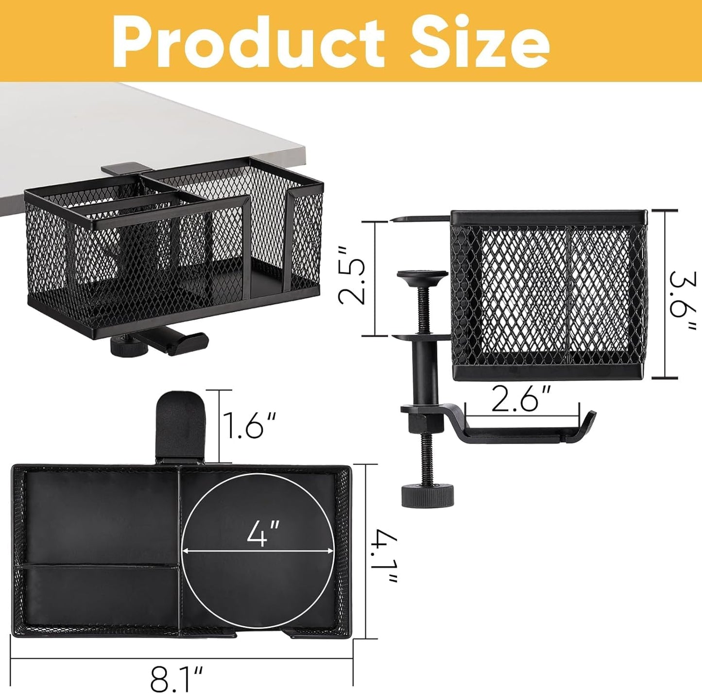 4 in 1 Metal Clip On Cup Holder Attachment for Gaming Desk or Table, Fits up to 40oz Cups, Sturdy and Easy to Clamp, Attachable Anti-Spill Cup Holder for Chair, Bedside, Bottles, Drinks - Black