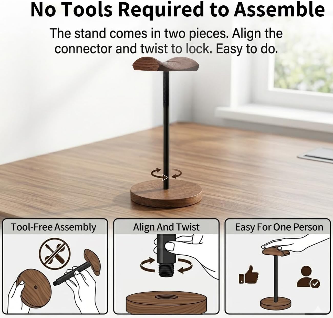 Headphone Holder Stand for Desk, Wood and Metal Headset Hanger Mount Hook Gaming Holder Desktop Earphone Artful Functional Craftsmanship Stand for All Headsets with Solid Wooden Base