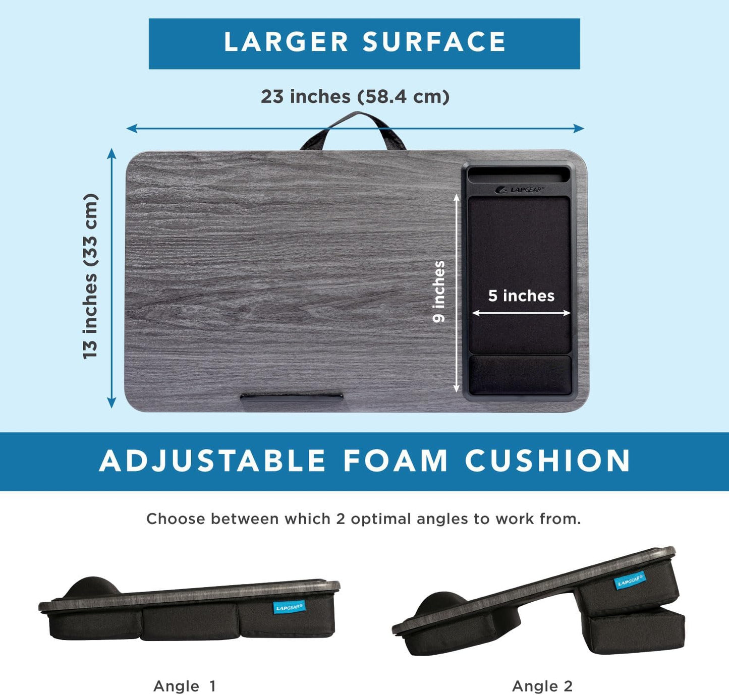 LAPGEAR Extra Large Adjustable Lap Desk – Fits Laptops up to 17.3”, Adjustable Cushion, Memory Foam Wrist Rest, Mouse Pad, Device Ledge, & Phone Slot – Black Carbon - Style No. 88108